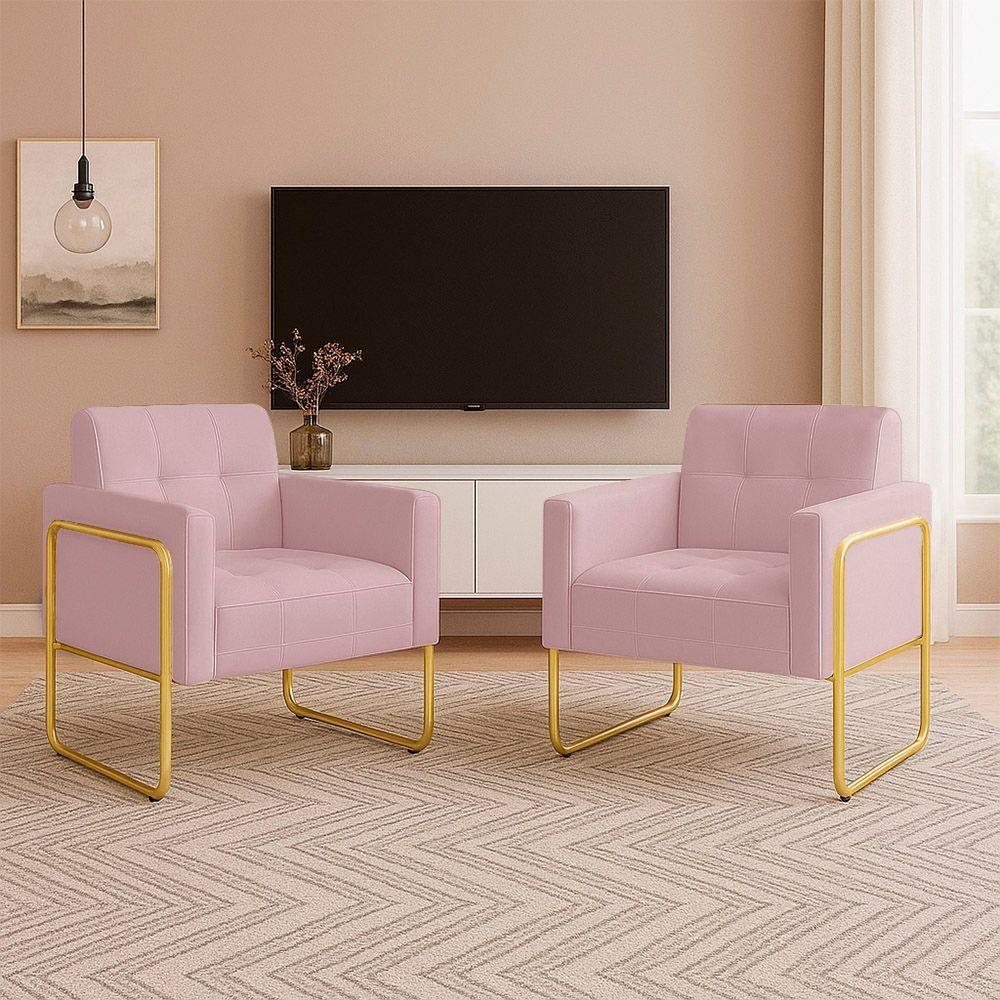 Poltrona Sala Industrial Alta Tubo Dourado Kit 2 Elisa Veludo Rosê D03 - D'rossi - 1