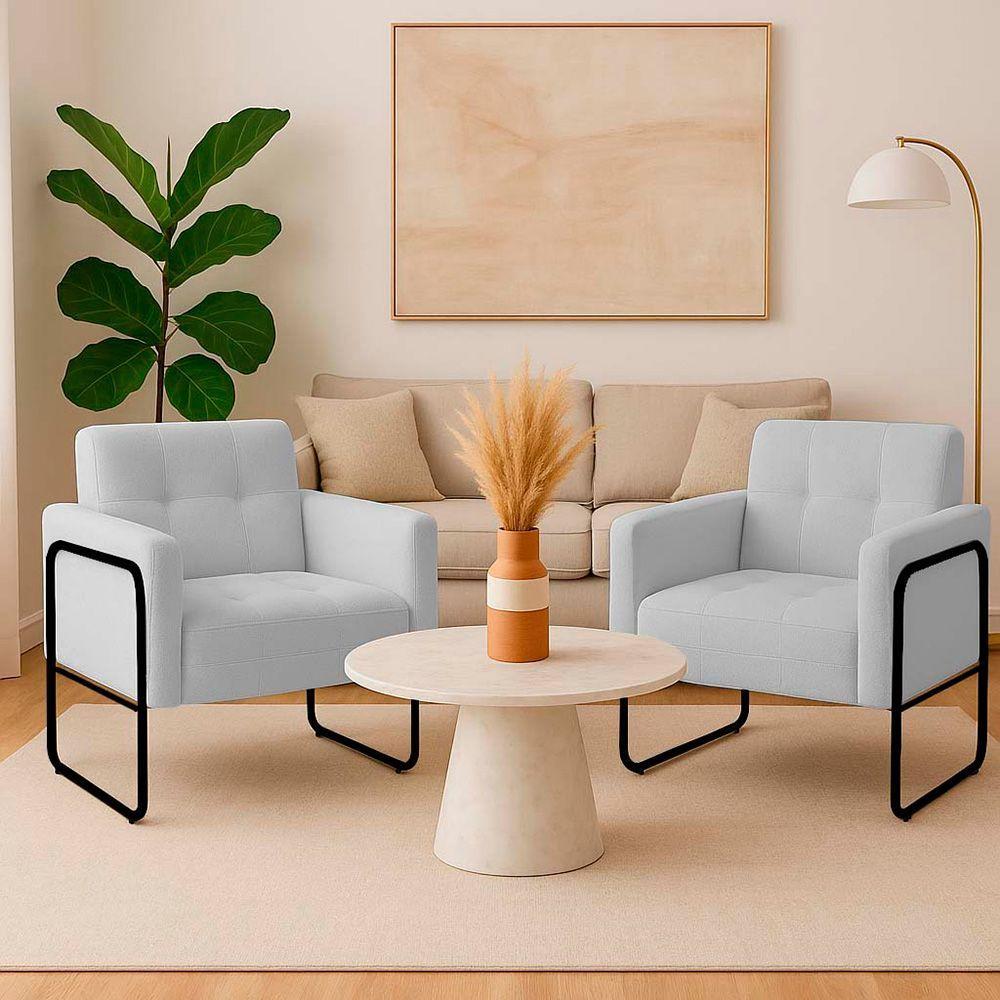 Poltrona Sala Industrial Alta Tubo Preto Kit 2 Elisa Bouclê Cinza D03 - D'rossi - 1