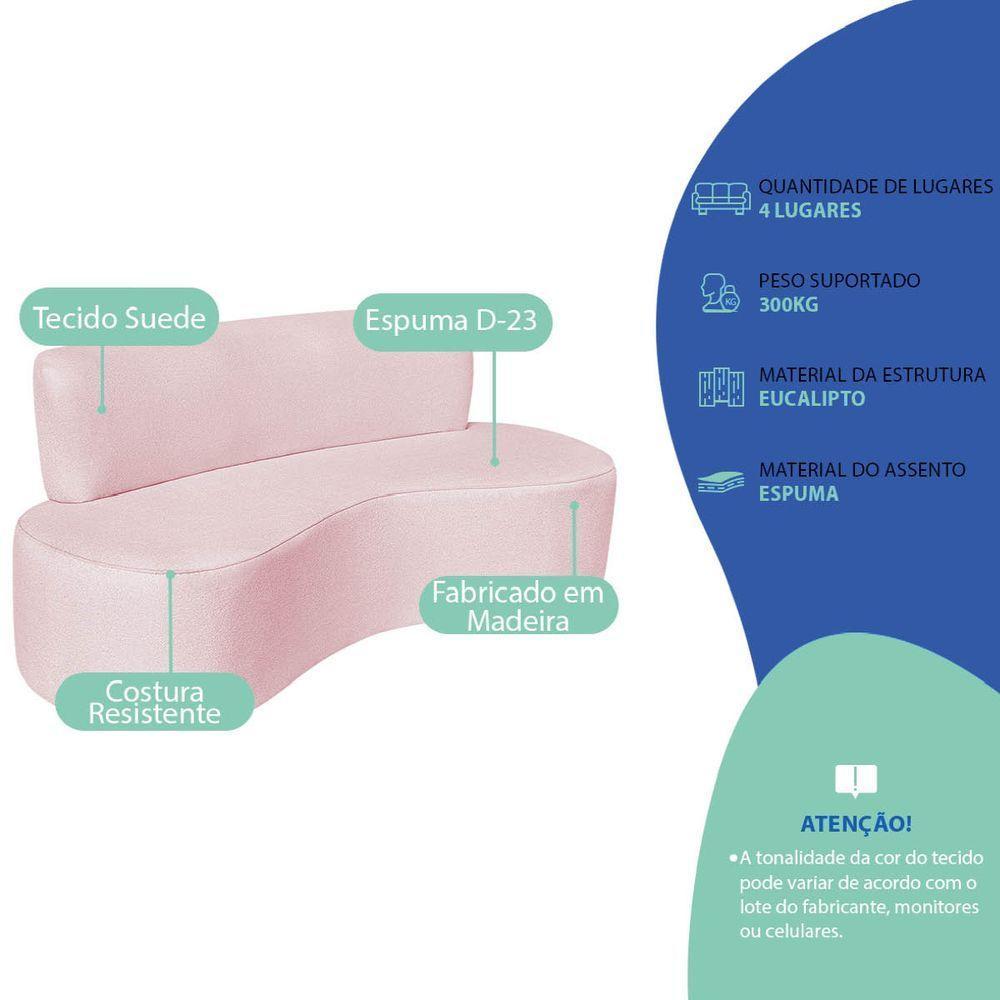Sofá Curvo 4 Lugares Amsterdã 200cm Suede Cor Rosa Bebê - 4