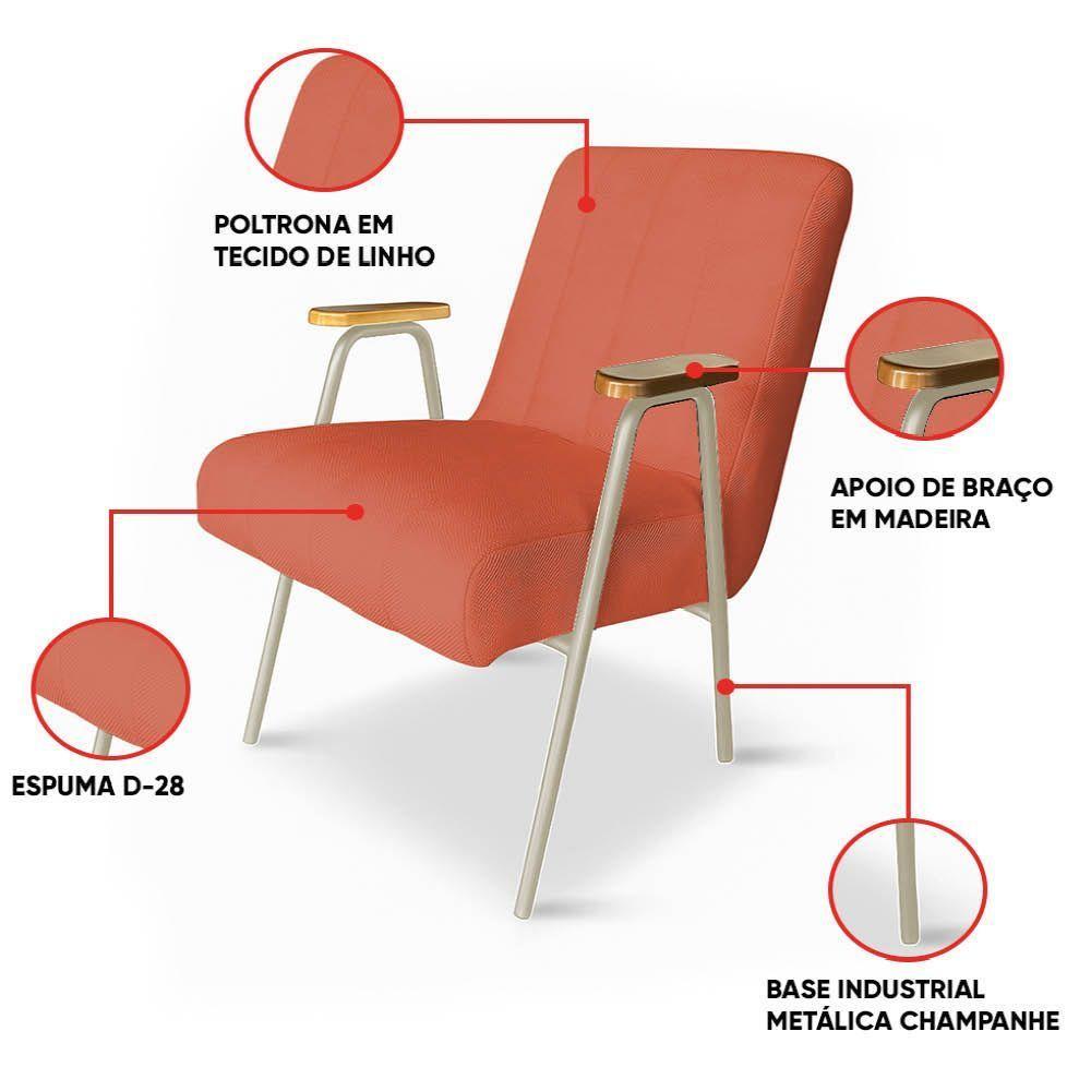 Poltrona Sala Decorativa Industrial Champanhe Laurita Linho Salmão K01 - D'rossi - 3