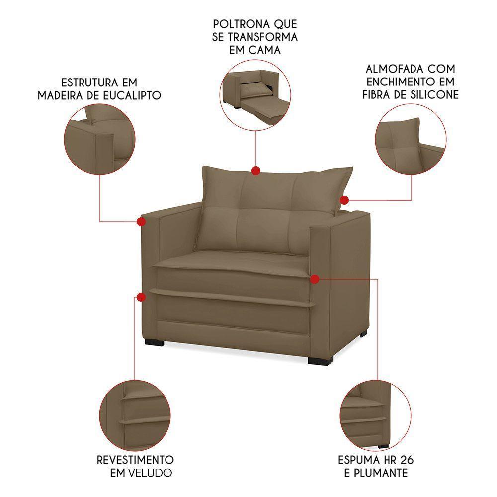 Poltrona Cama Retrátil Solteiro Milenni Veludo Marrom Rato B03 - D'rossi - 3