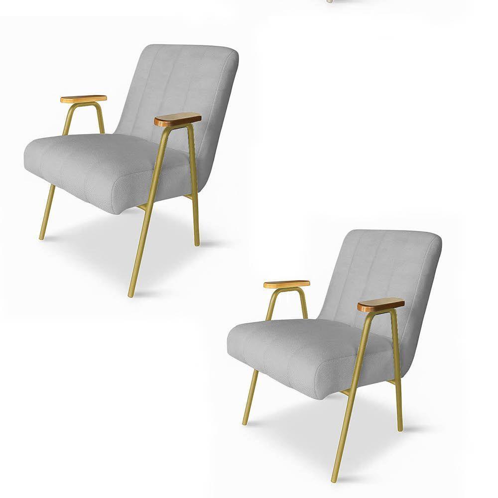Poltrona Sala Decorativa Industrial Dourado Kit 2 Laurita Linho K01 - D'rossi Cor Cinza - 2
