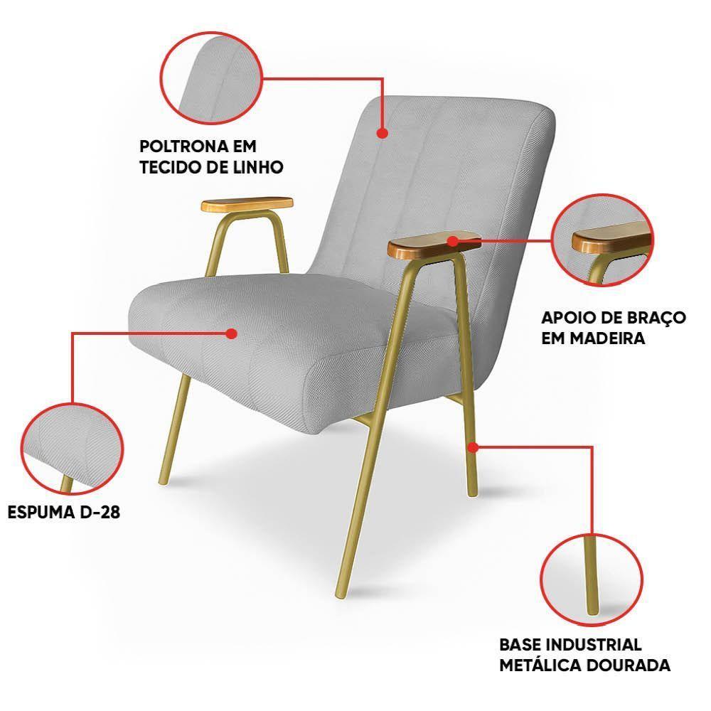 Poltrona Sala Decorativa Industrial Dourado Kit 2 Laurita Linho K01 - D'rossi Cor Cinza - 3