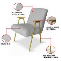 Poltrona Sala Decorativa Industrial Dourado Kit 2 Laurita Linho K01 - D'rossi Cor Cinza - 3
