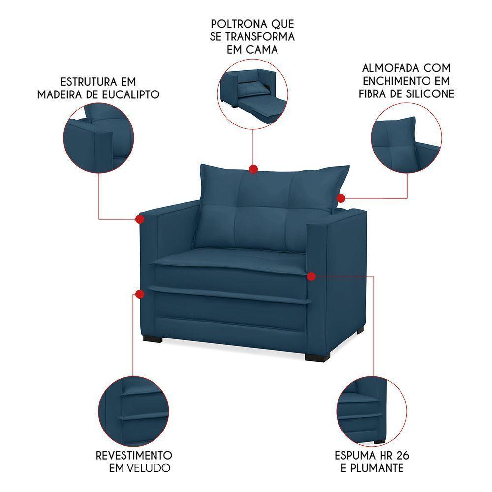 Poltrona Cama Retrátil Solteiro Milenni Veludo Azul Marinho B03 - D'rossi - 3