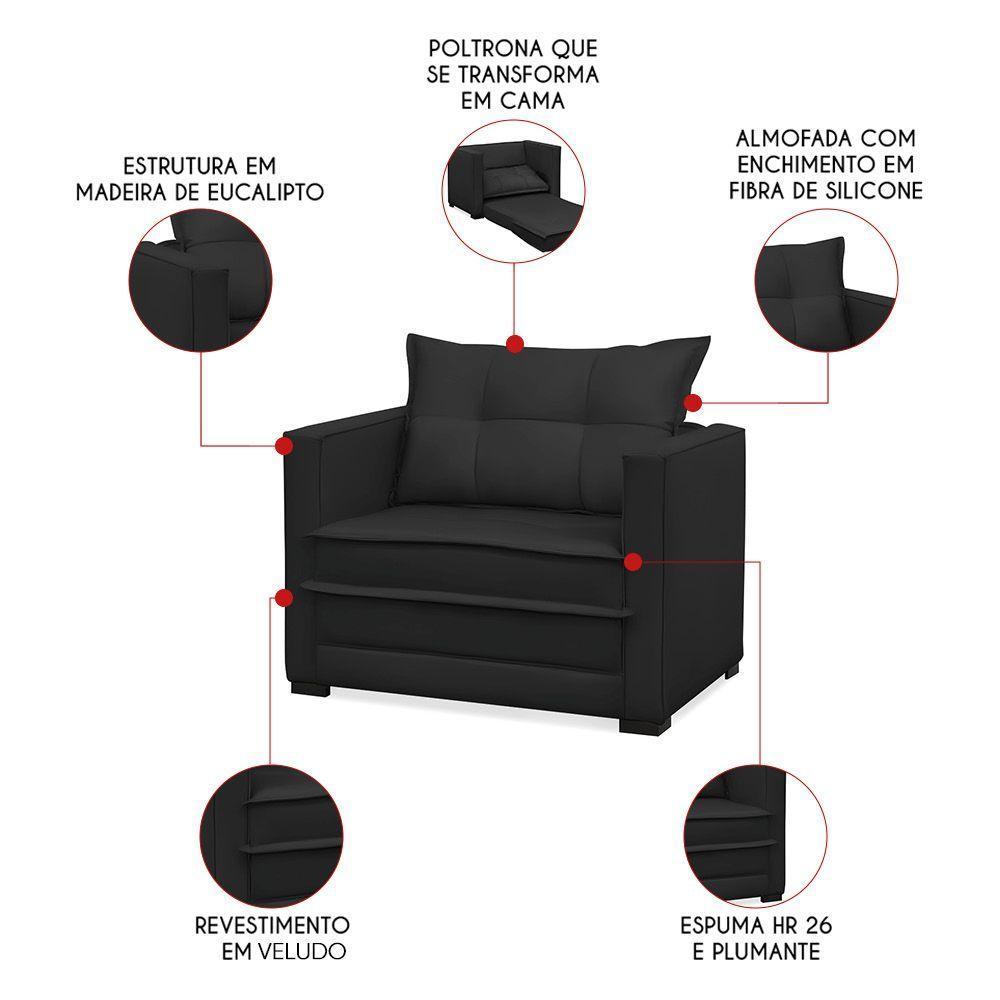 Poltrona Cama Retrátil Solteiro Milenni Veludo Preto B03 - D'rossi - 2