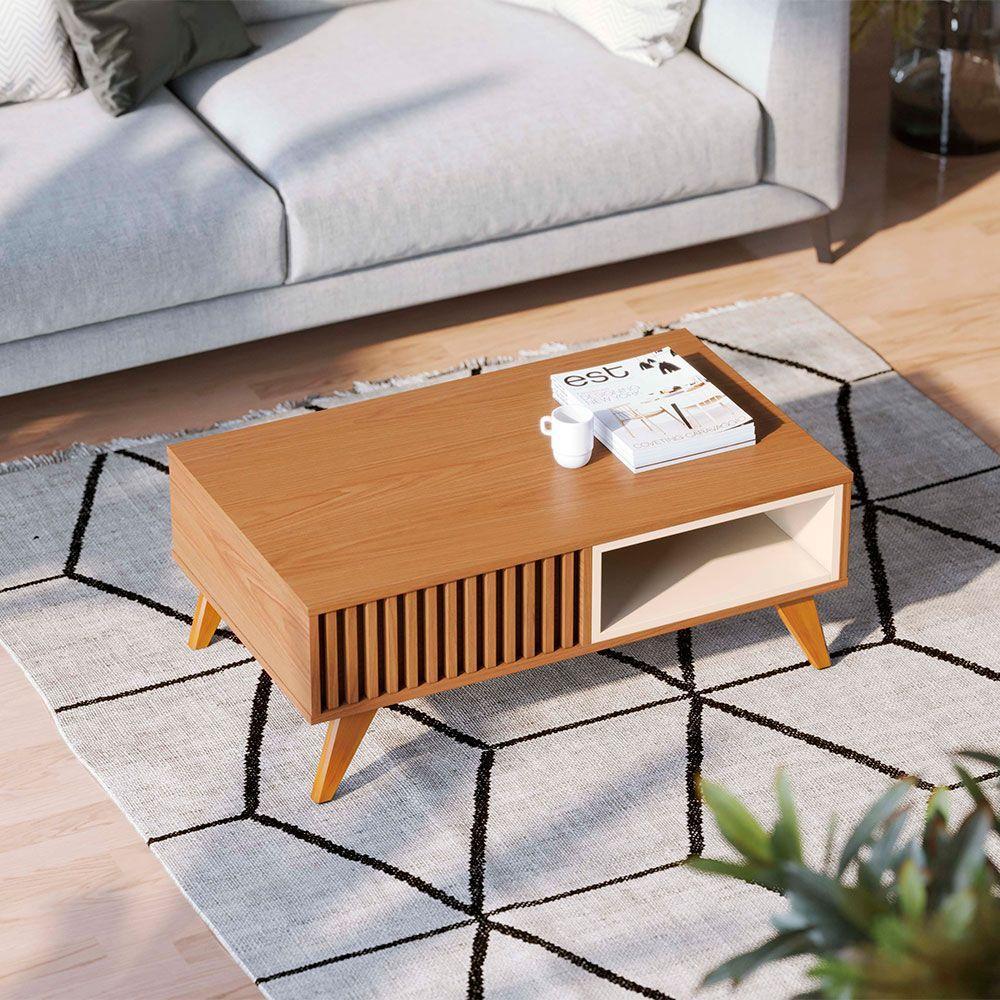 Mesa De Centro Para Sala Retangular 1 Nicho Karin C04 - D'rossi Cor Freijó E Off White Matte - 2