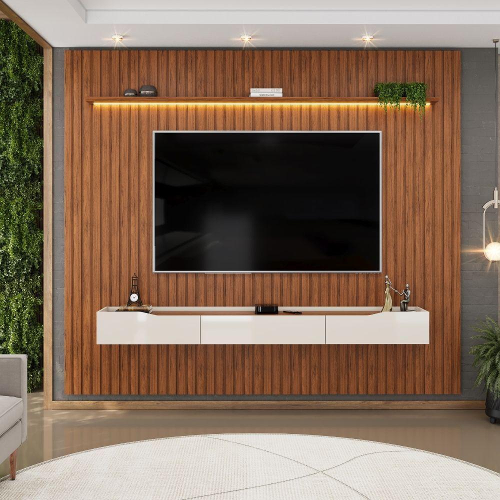 Painel Para Tv Até 90 Polegadas 2,75m Ripado Autêntico Com Led Montreal Com Nicho Efraín Madeirado/off White - 1
