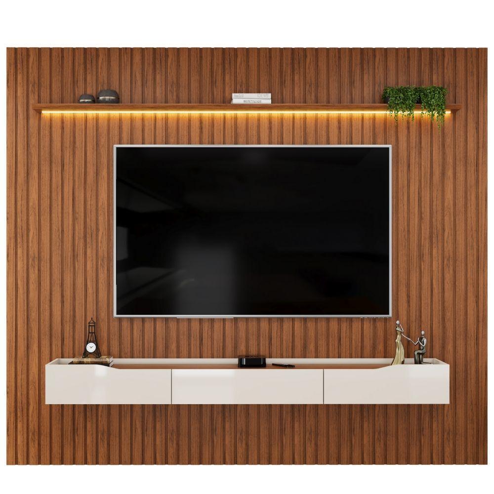 Painel Para Tv Até 90 Polegadas 2,75m Ripado Autêntico Com Led Montreal Com Nicho Efraín Madeirado/off White - 2