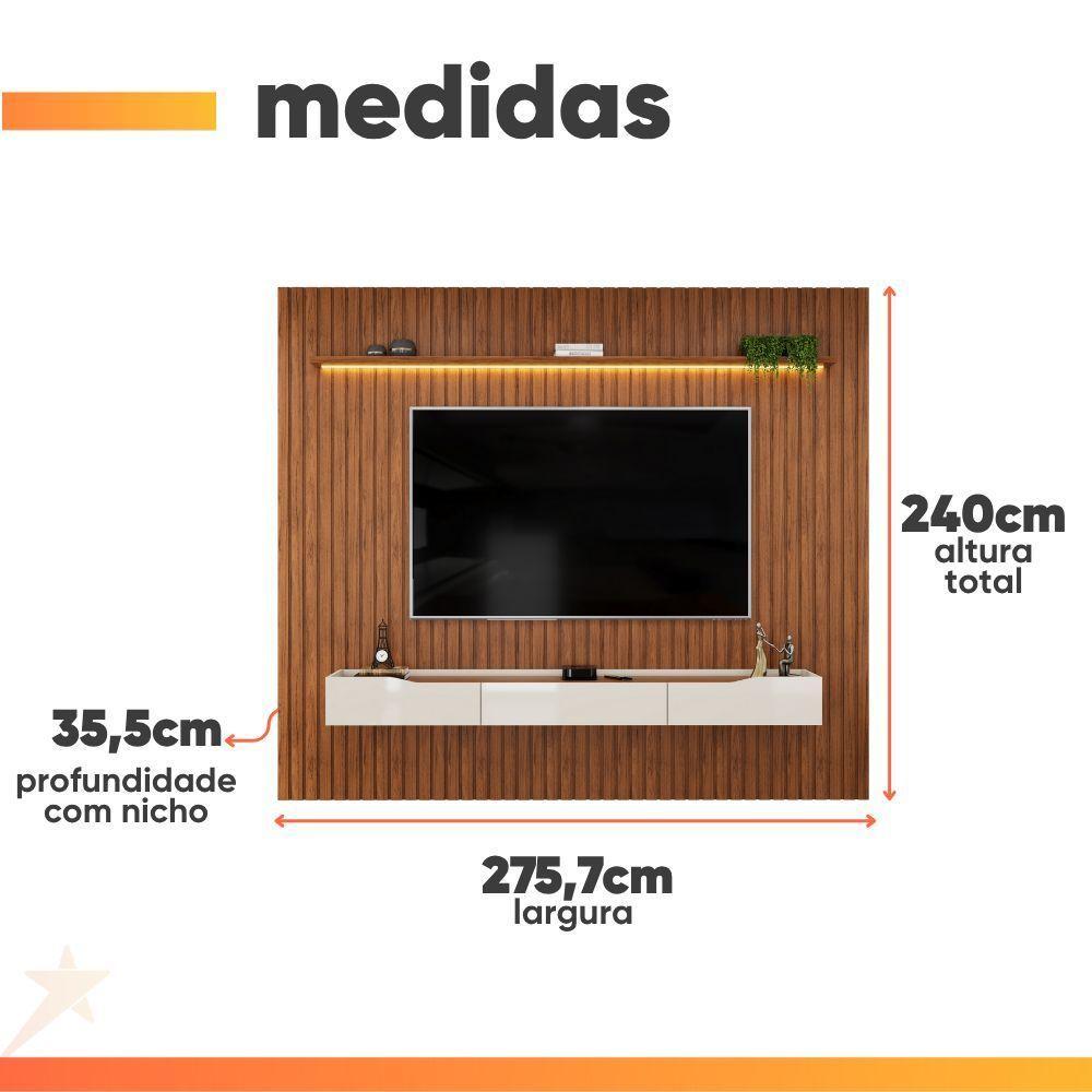 Painel Para Tv Até 90 Polegadas 2,75m Ripado Autêntico Com Led Montreal Com Nicho Efraín Madeirado/off White - 3