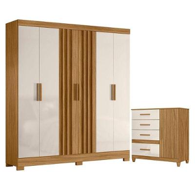 Guarda Roupa Casal e Cômoda Valença Vênus 7 Portas 6 Gavetas MDP Freijó Off White Brilho