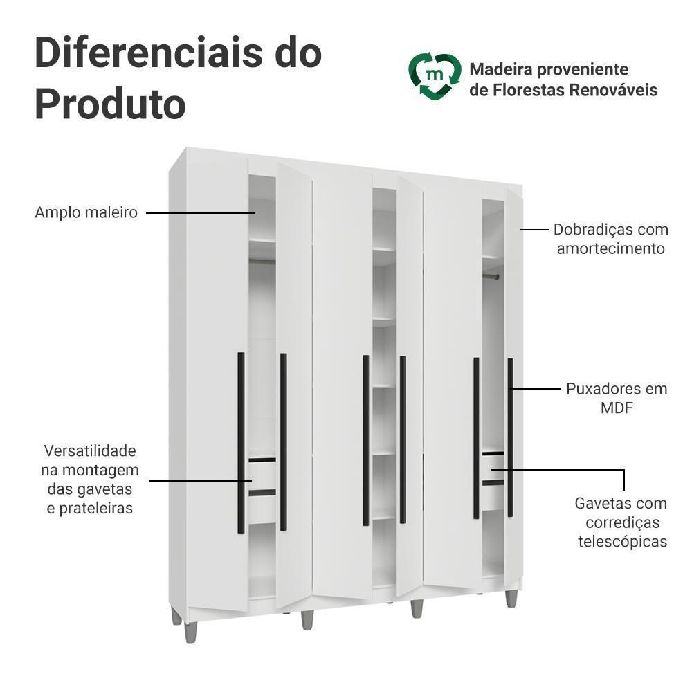 Guarda-roupa Casal Com Pés 6 Portas Batentes Branco/branco/preto Venus Madesa - 4