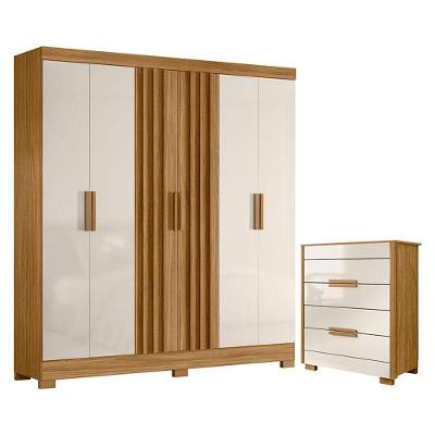 Guarda Roupa Casal e Cômoda Valença Dhara 6 Portas 6 Gavetas em MDP Freijó Off White Brilho