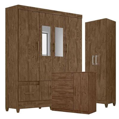 Guarda Roupa Com Espelho Casal Ms912 Com Cômoda Vênus E Armário Multiuso New íris Castanho Wood - Moval