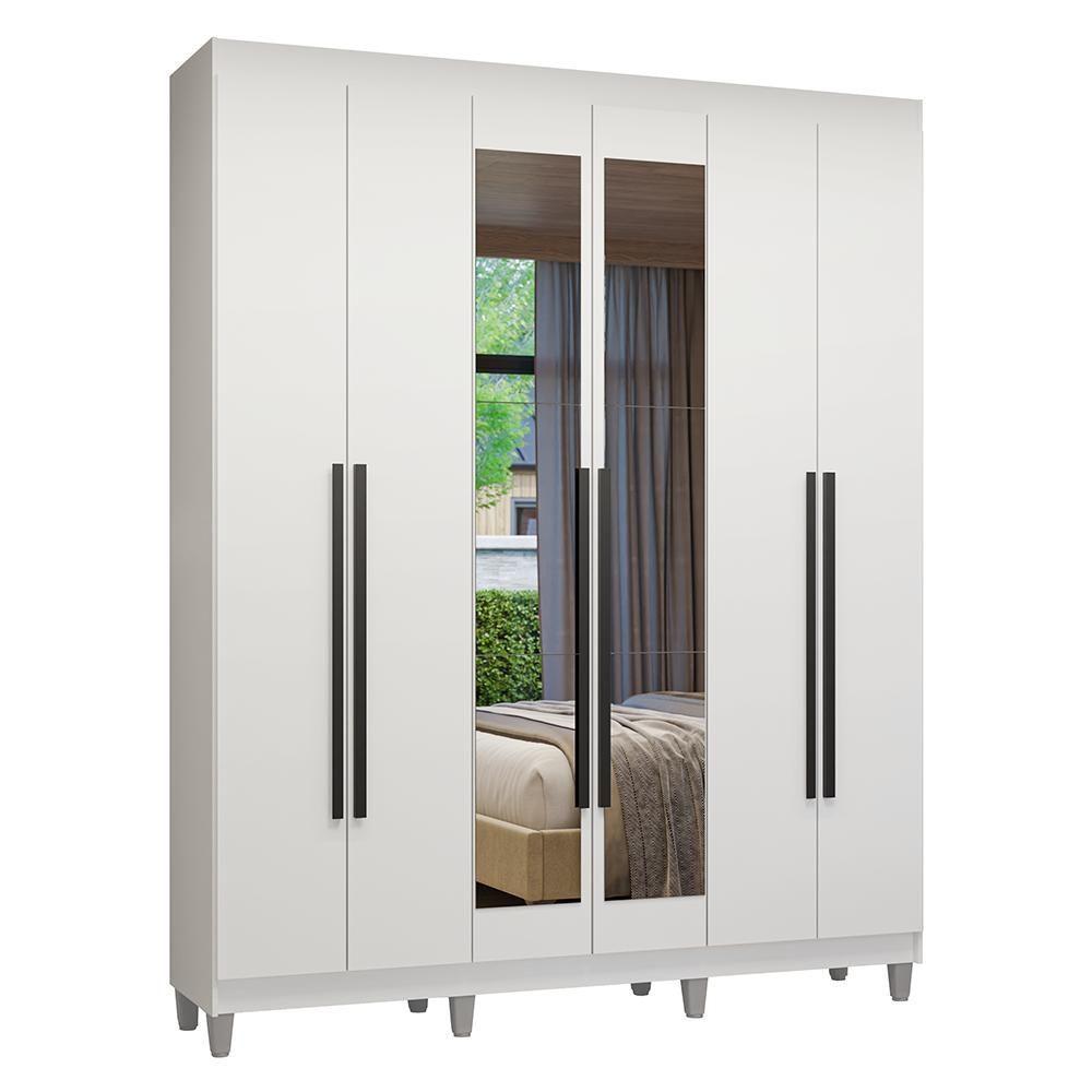 Guarda-roupa Casal Com Pés 6 Portas Batentes Com Espelho Branco/branco/preto Venus Madesa - 2