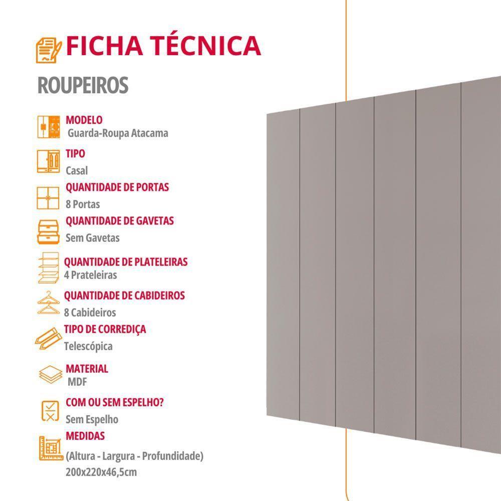 Guarda Roupa Casal Atacama Em Mdf 8 Portas 8 Cabideiros - 8
