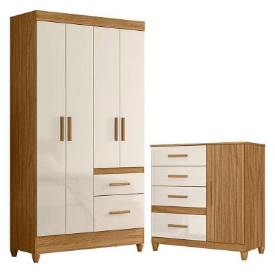 Guarda Roupa Solteiro Madri E Cômoda Vênus Com Pés Freijó Off White - Moval