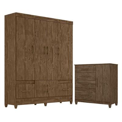 Guarda Roupa Casal e Cômoda Ms912 Vênus 7 Portas Giratórias 6 Gavetas MDP Castanho Wood Fosco