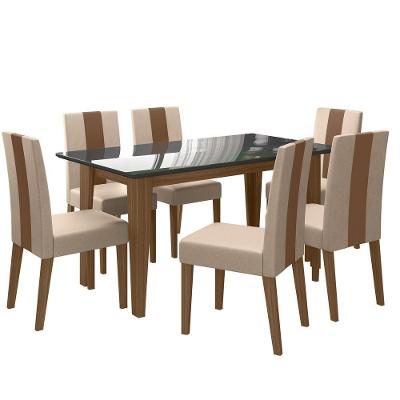 Conjunto Sala De Jantar 6 Cadeiras Tampo Retangular 160cm Com Vidro Liz Carvalho Grafite Linea Marfim - Poliman