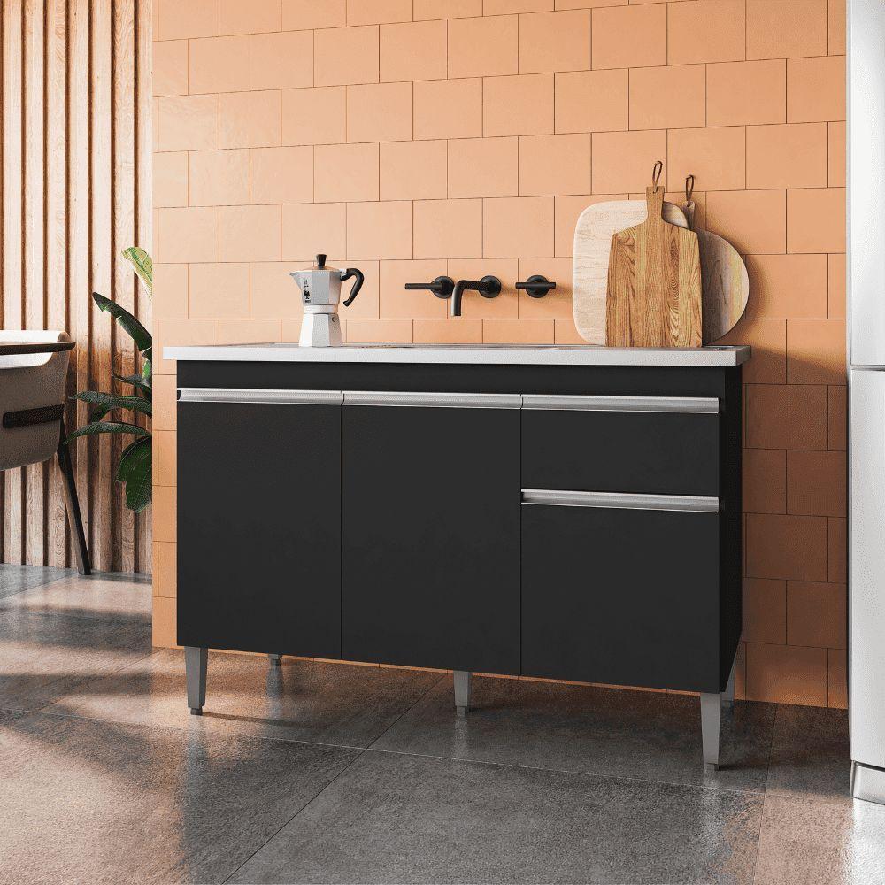 Balcão Gabinete De Pia Para Cozinha Sem Tampo 120cm Tatiane Preto- Mabe Magazine - 1