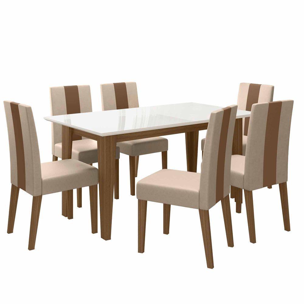 Conjunto Sala De Jantar 6 Cadeiras Tampo Retangular 160cm Com Vidro Liz Carvalho Off White Linea Marfim - Poliman - 1