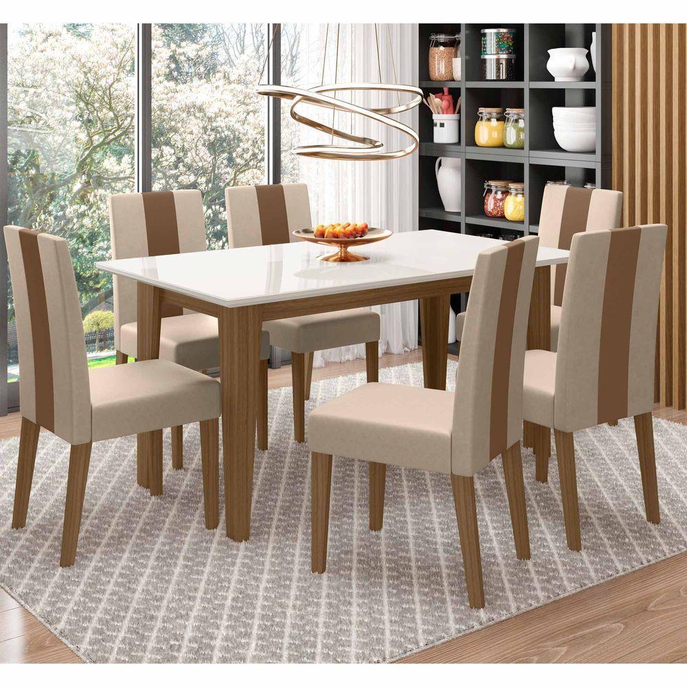 Conjunto Sala De Jantar 6 Cadeiras Tampo Retangular 160cm Com Vidro Liz Carvalho Off White Linea Marfim - Poliman - 2