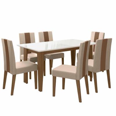 Conjunto Sala De Jantar 6 Cadeiras Tampo Retangular 160cm Com Vidro Liz Carvalho Off White Linea Marfim - Poliman