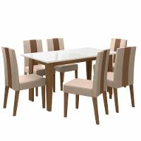 Conjunto Sala De Jantar 6 Cadeiras Tampo Retangular 160cm Com Vidro Liz Carvalho Off White Linea Marfim - Poliman - 1
