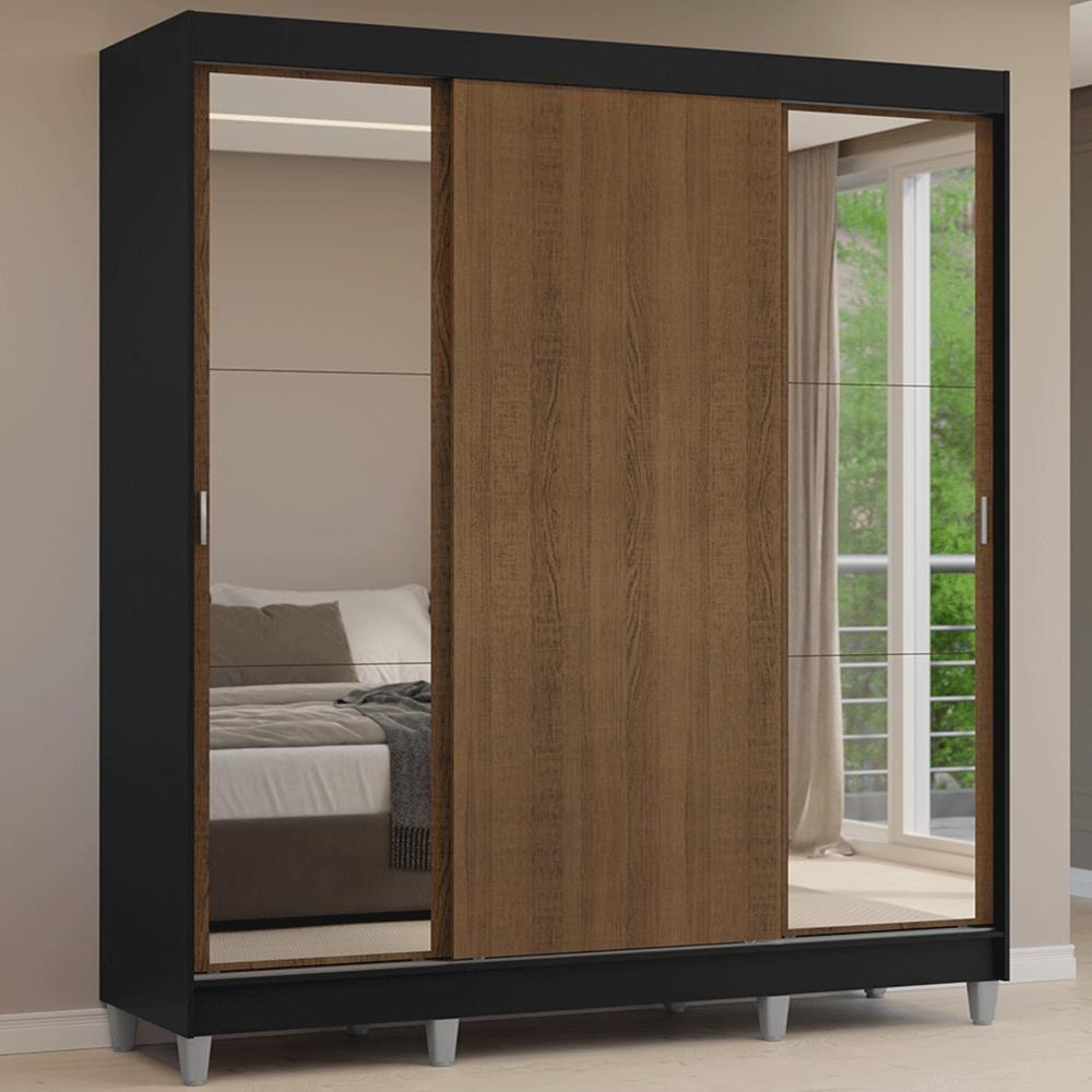 Guarda-roupa Casal Com Pés 3 Portas De Correr Com Espelhos Preto/rustic Reno Madesa Preto/rustic - 1