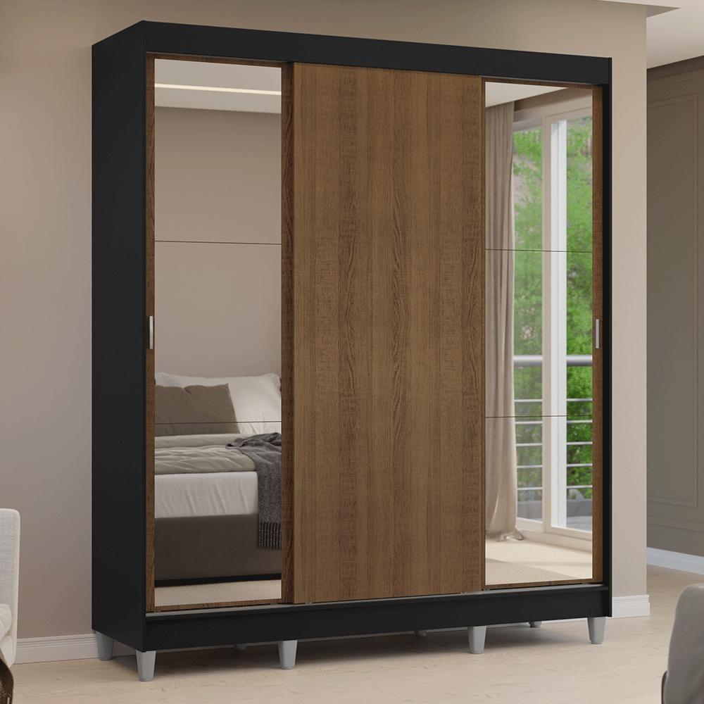 Guarda-roupa Casal Com Pés 3 Portas De Correr Com Espelhos Preto/rustic Reno Madesa Preto/rustic - 10