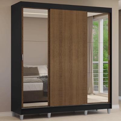 Guarda-roupa Casal Com Pés 3 Portas De Correr Com Espelhos Preto/rustic Reno Madesa Preto/rustic