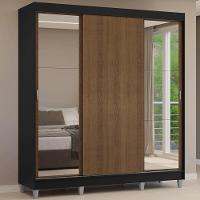 Guarda-roupa Casal Com Pés 3 Portas De Correr Com Espelhos Preto/rustic Reno Madesa Preto/rustic - 1