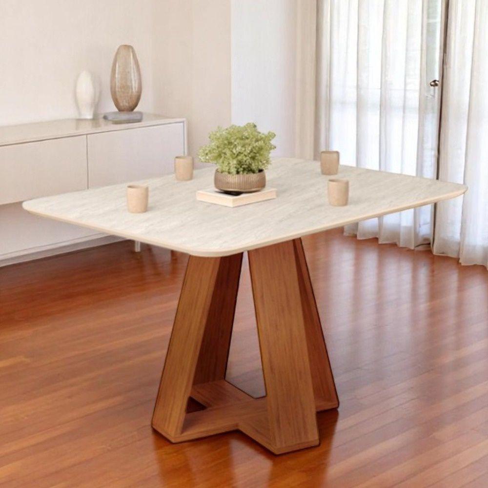 Mesa De Jantar Tampo Retangular Chanfrado Curvo Mad/vid 120 X 90cm Kiara Freijó Quartzo- Mabe Magazine - 1