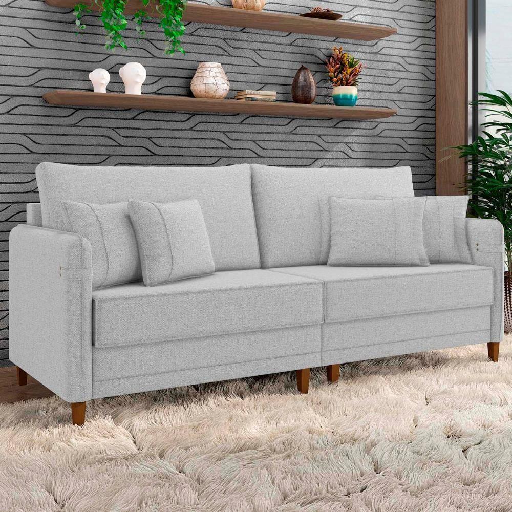 Sofá 3 Lugares Living 232cm Pé Madeira Zoe Linho Cinza Claro Z08 - Mpozenato - 1