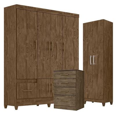 Guarda Roupa Casal Ms912 Com Cômoda Ms913 E Armário Multiuso New íris Castanho Wood - Moval