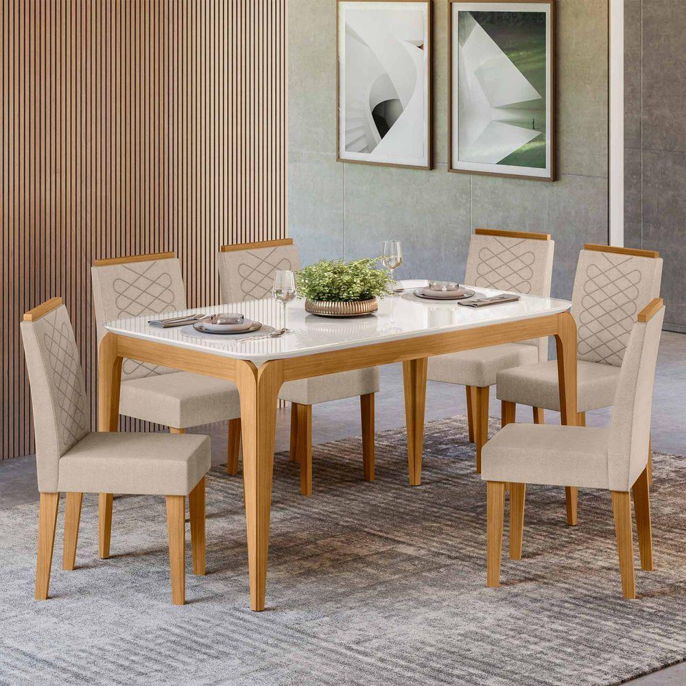 Conjunto Sala De Jantar Mesa 1,60m Com 6 Cadeiras Aurea Ypê/off White/al10 - New Ceval  - 1