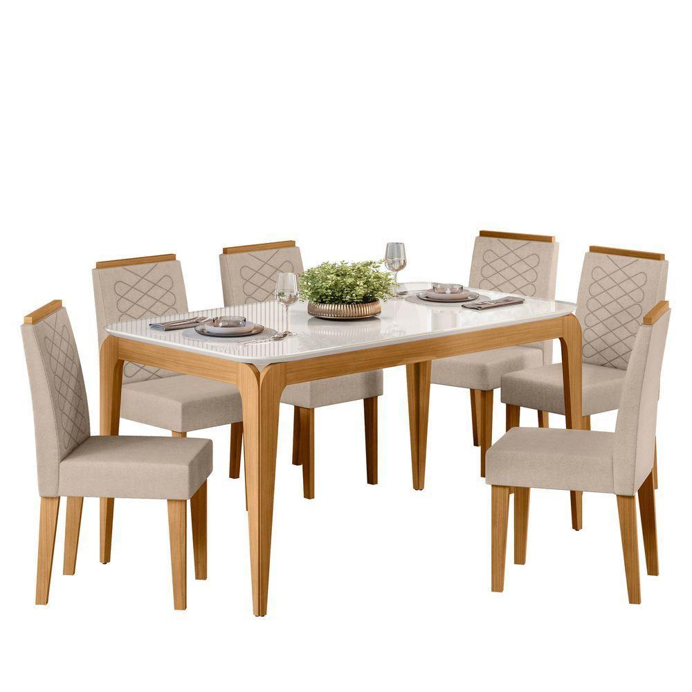 Conjunto Sala De Jantar Mesa 1,60m Com 6 Cadeiras Aurea Ypê/off White/al10 - New Ceval  - 2
