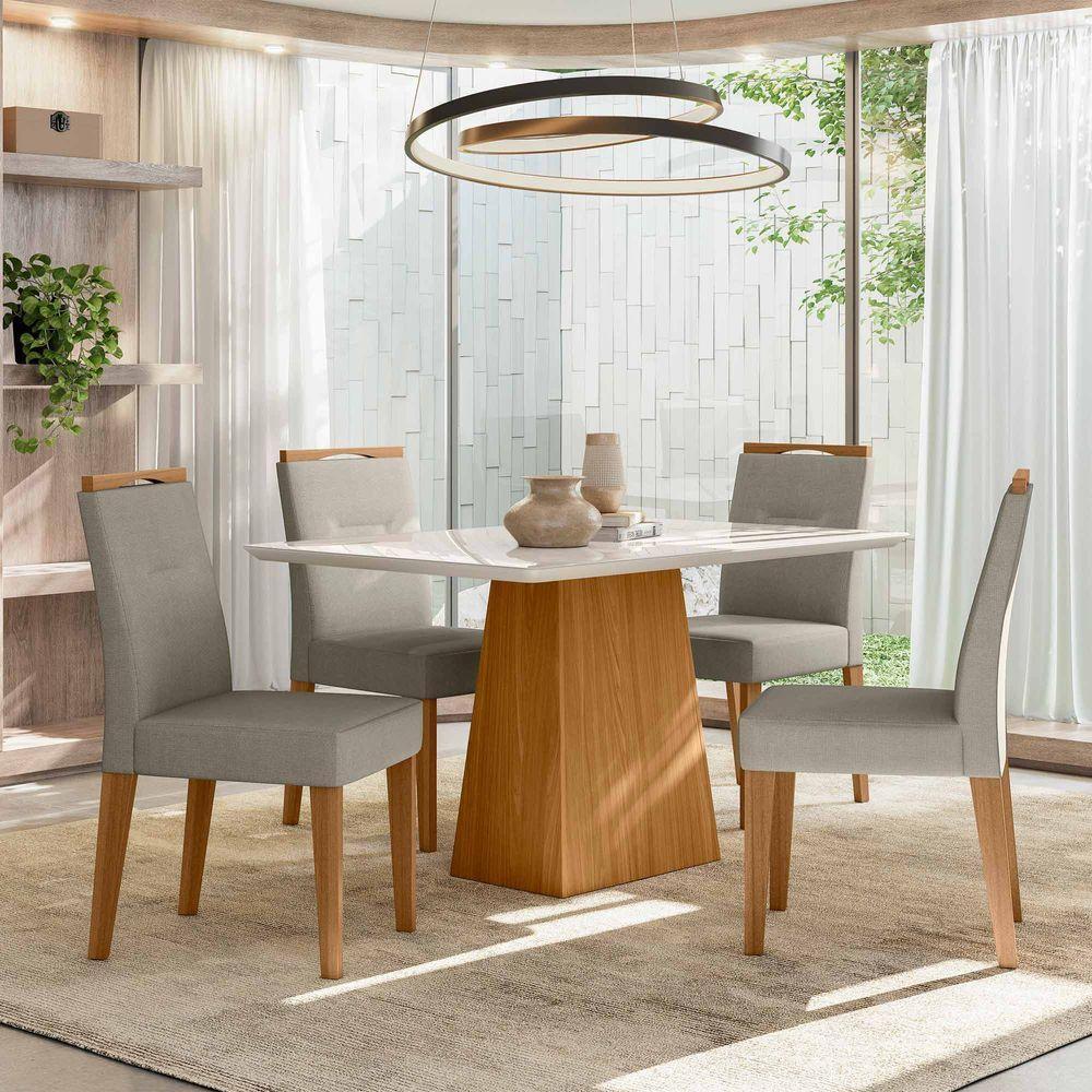 Conjunto Sala De Jantar Mesa Barbara 1,35m Com 4 Cadeiras Lectus Ypê/off White/ln04 - New Ceval  - 1