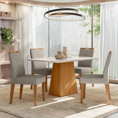 Conjunto Sala De Jantar Mesa Barbara 1,35m Com 4 Cadeiras Lectus Ypê/off White/ln04 - New Ceval 