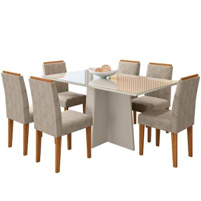 Conjunto Mesa De Jantar Anitta 1,60m Tampo De Madeira Com Vidro Colado E 6 Cadeiras Amanda Off White Ypê Ja01 New Ceval