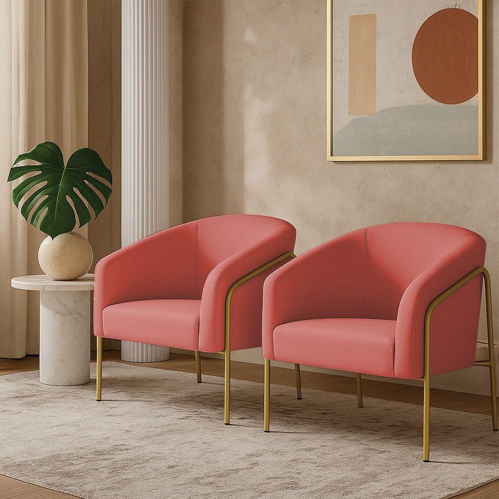 Poltrona Sala Industrial Alta Dourado Kit 2 Stella Suede Rosê D03 - D'rossi - 1