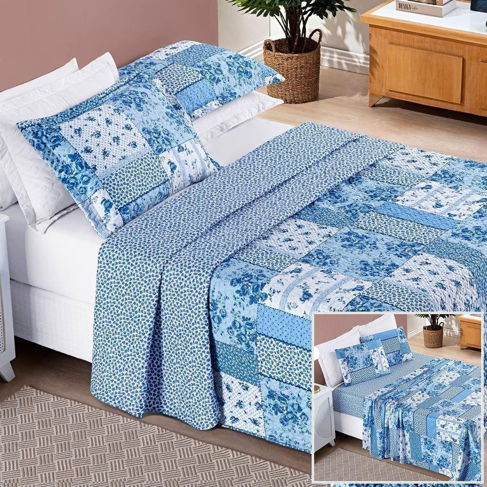 Colcha + Jogo De Cama Bouti Estampado Queen 07 Peças 100% Poliéster - Azul Sereno - 1