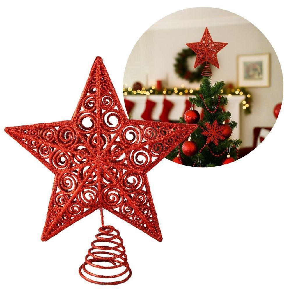 Estrela Ponteira De Natal Vermelha Luxo Com Glitter Arabesco – Topo De árvore 20cm Com Base Espiral - 1