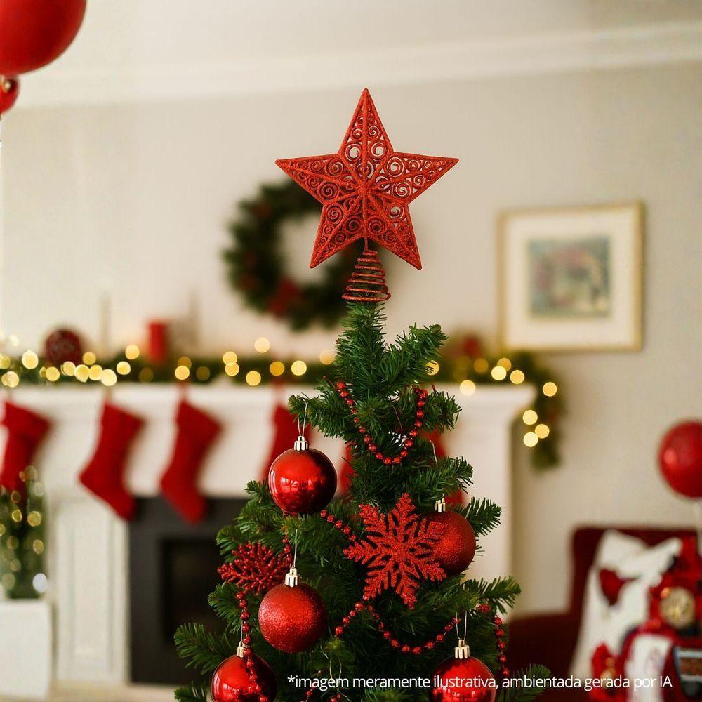 Estrela Ponteira De Natal Vermelha Luxo Com Glitter Arabesco – Topo De árvore 20cm Com Base Espiral - 2