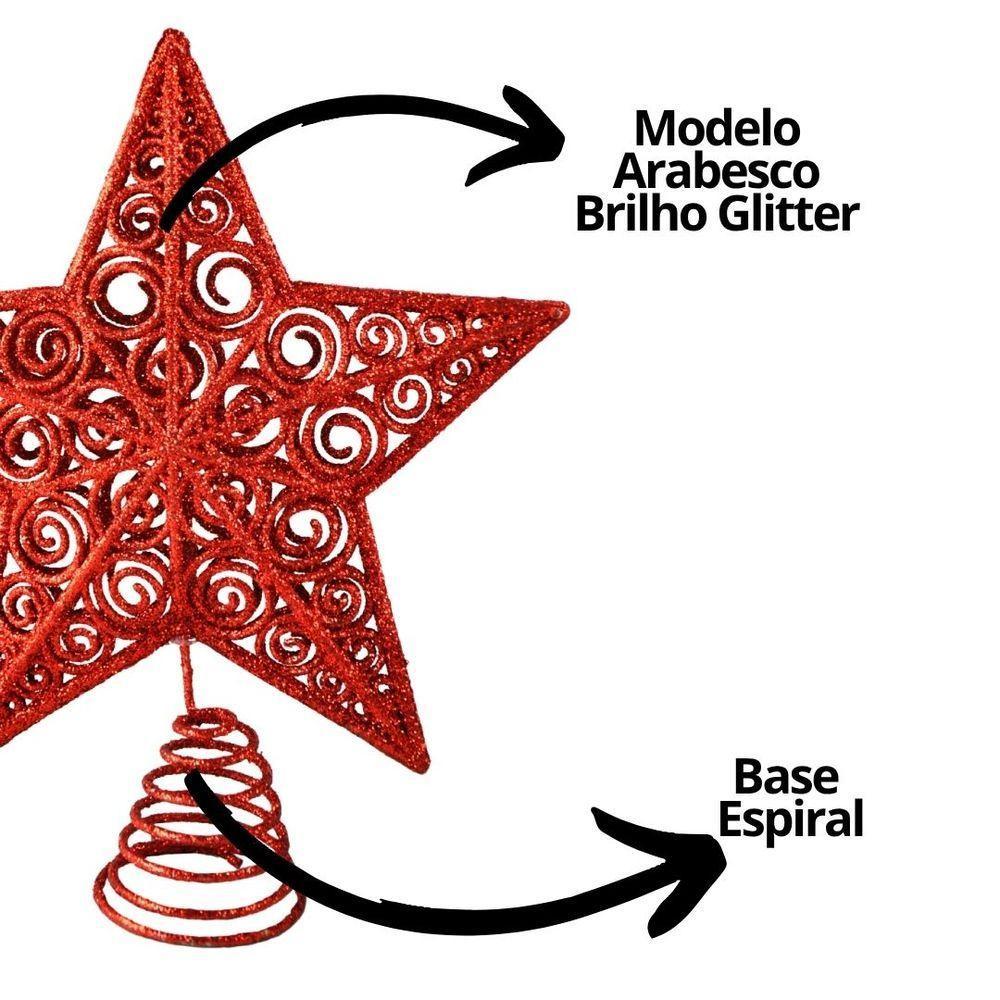 Estrela Ponteira De Natal Vermelha Luxo Com Glitter Arabesco – Topo De árvore 20cm Com Base Espiral - 3