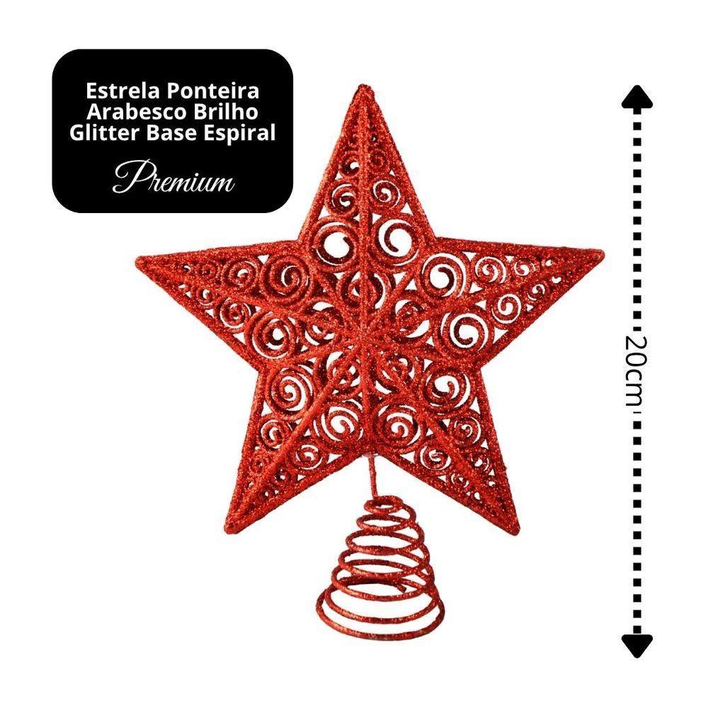 Estrela Ponteira De Natal Vermelha Luxo Com Glitter Arabesco – Topo De árvore 20cm Com Base Espiral - 4