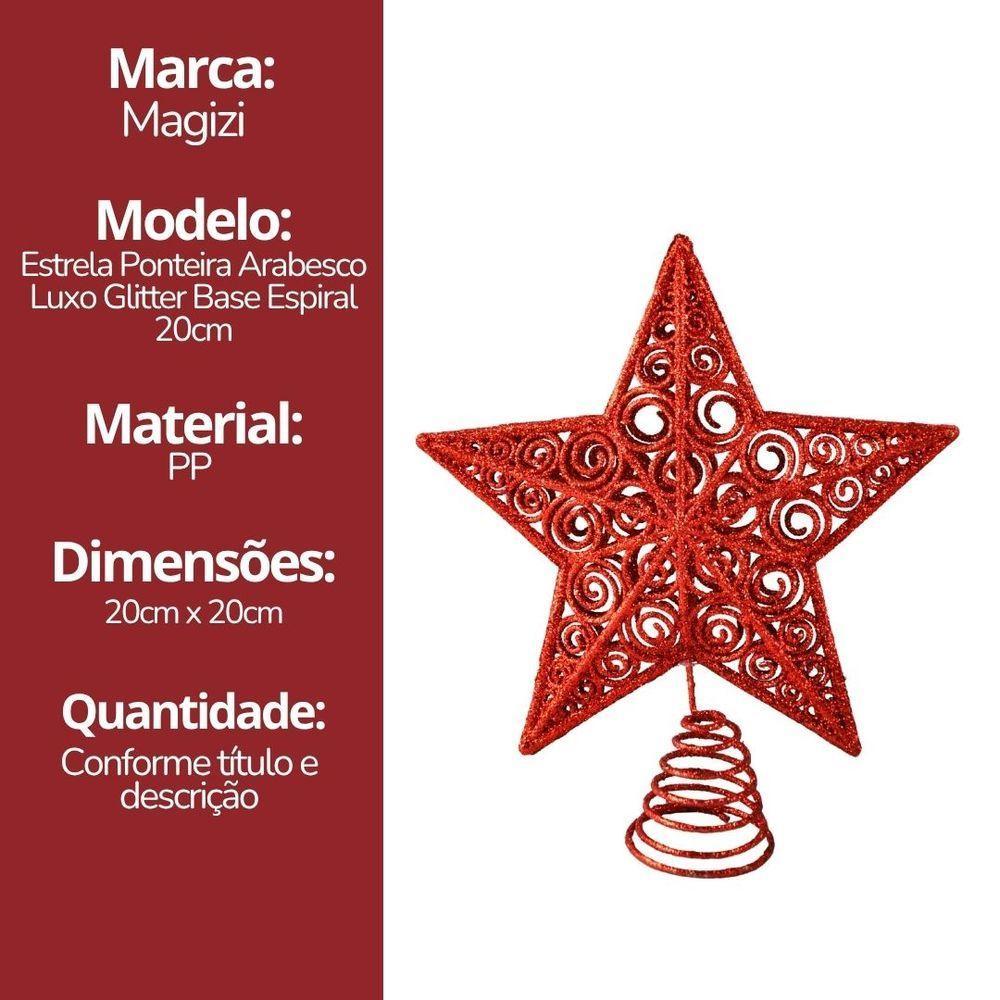 Estrela Ponteira De Natal Vermelha Luxo Com Glitter Arabesco – Topo De árvore 20cm Com Base Espiral - 6