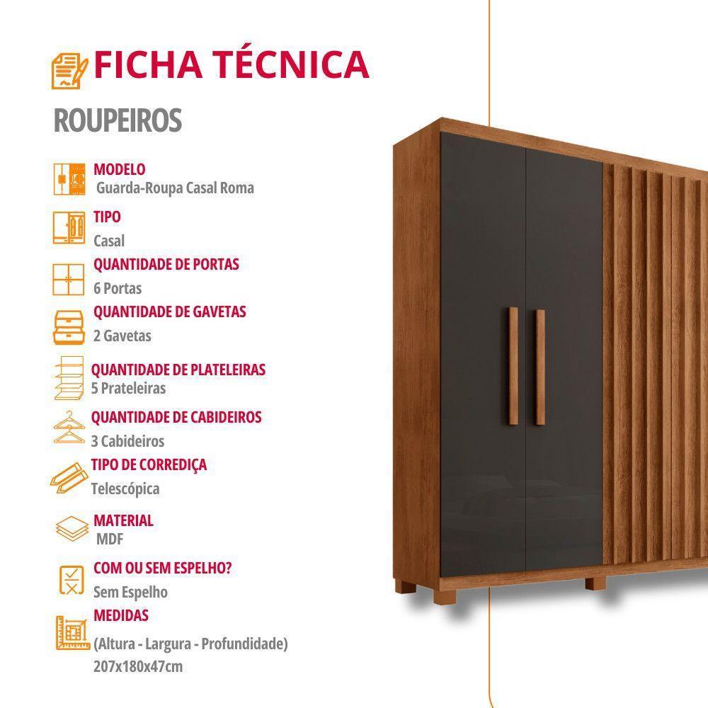 Guarda Roupa Casal Roma Mdf 6 Portas 2 Gavetas Com Pés Naturalle Grafite Com Pés - 7