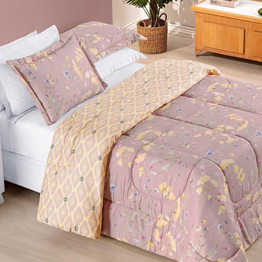 Edredom 2,40m X 2,20m + Jogo De Cama Dupla Face Estampado Bouti Casal 07 Peças 100% Poliéster - Lavanda - 2