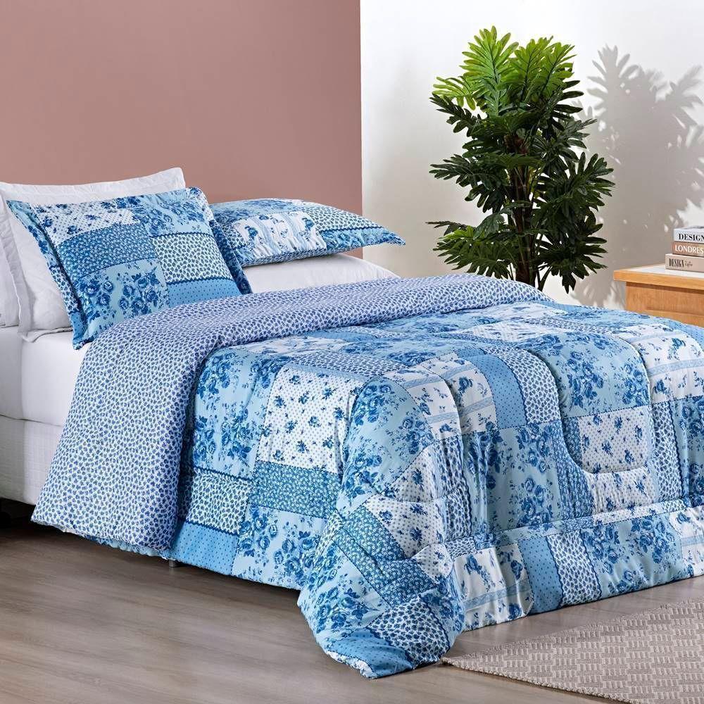 Edredom 2,40m X 2,20m + Jogo De Cama Dupla Face Estampado Bouti Casal 07 Peças 100% Poliéster - Azul Sereno - 6